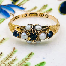 Load image into Gallery viewer, Antique Sapphire and Seed Pearl Ring, dated 1869