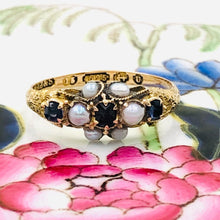 Load image into Gallery viewer, Antique Sapphire and Seed Pearl Ring, dated 1869