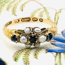 Load image into Gallery viewer, Antique Sapphire and Seed Pearl Ring, dated 1869