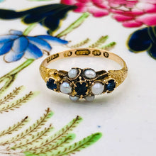 Load image into Gallery viewer, Antique Sapphire and Seed Pearl Ring, dated 1869