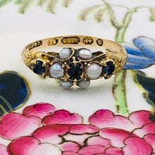 Load image into Gallery viewer, Antique Sapphire and Seed Pearl Ring, dated 1869