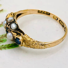 Load image into Gallery viewer, Antique Sapphire and Seed Pearl Ring, dated 1869