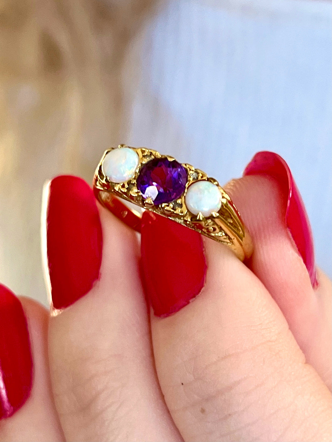 1977 Vintage Opal, Amethyst and Diamond 18ct Gold Ring