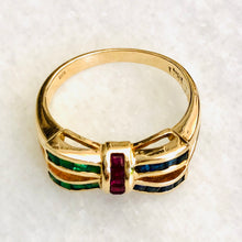 Load image into Gallery viewer, Emerald, Sapphire and Ruby 14ct Gold Bow Ring
