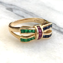 Load image into Gallery viewer, Emerald, Sapphire and Ruby 14ct Gold Bow Ring
