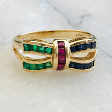 Load image into Gallery viewer, Emerald, Sapphire and Ruby 14ct Gold Bow Ring
