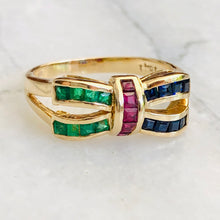 Load image into Gallery viewer, Emerald, Sapphire and Ruby 14ct Gold Bow Ring
