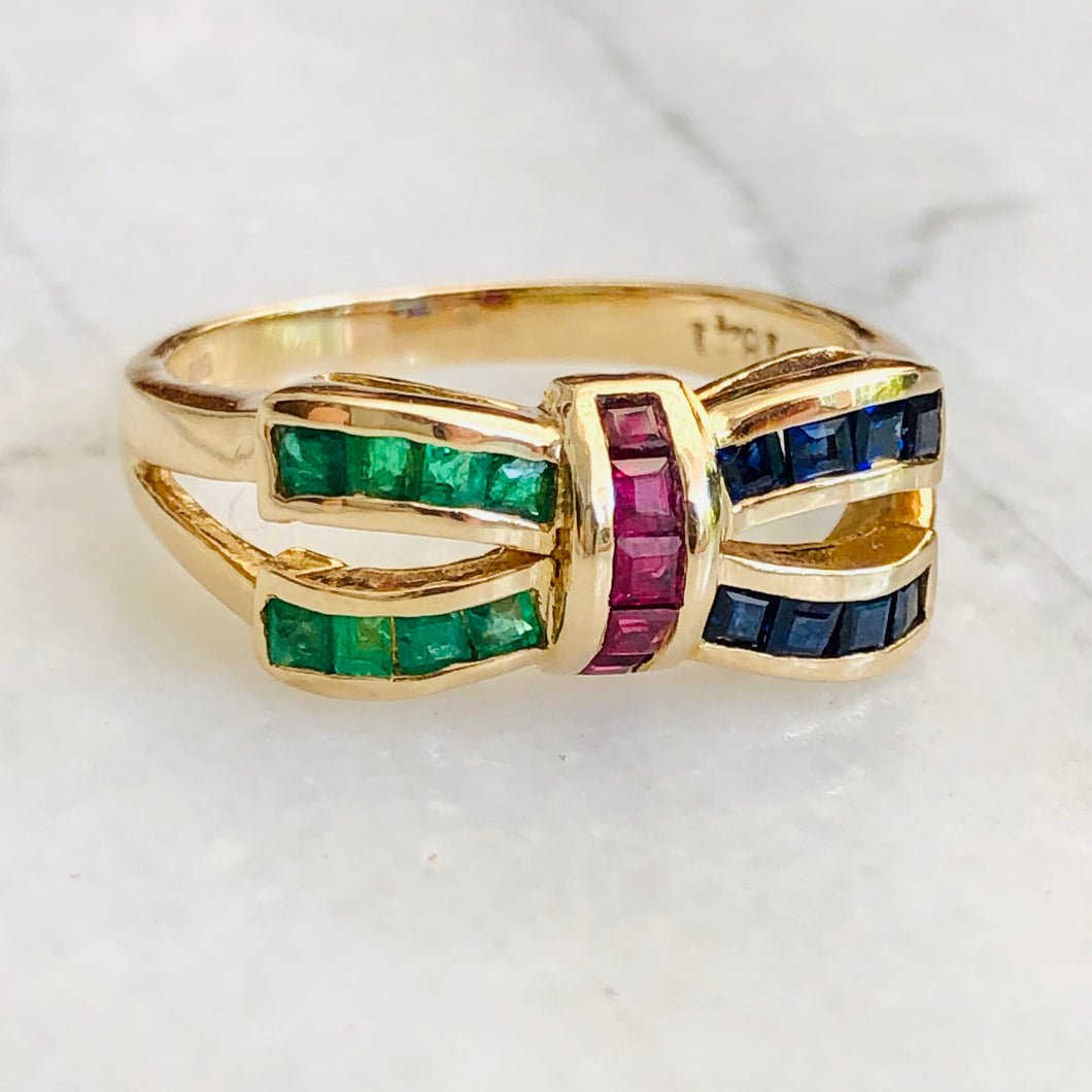 Emerald, Sapphire and Ruby 14ct Gold Bow Ring