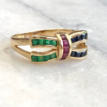 Load image into Gallery viewer, Emerald, Sapphire and Ruby 14ct Gold Bow Ring
