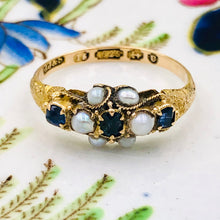 Load image into Gallery viewer, Antique Sapphire and Seed Pearl Ring, dated 1869
