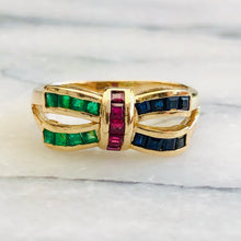 Load image into Gallery viewer, Emerald, Sapphire and Ruby 14ct Gold Bow Ring
